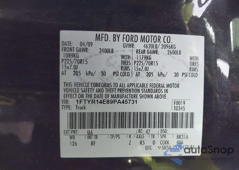 2009 Ford Ranger Xlt из США, поврежденный, VIN 1FTYR14E89PA45731